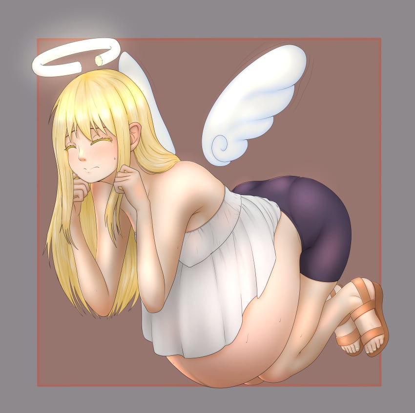 1futa absurdres angel angel_wings blush breasts broken_halo crimvael flying futa_milf futa_only futanari huge_belly implied_futanari intersex ishuzoku_reviewers kristiadder pregnant pregnant_futa pregnant_milf ready_to_pop sweat