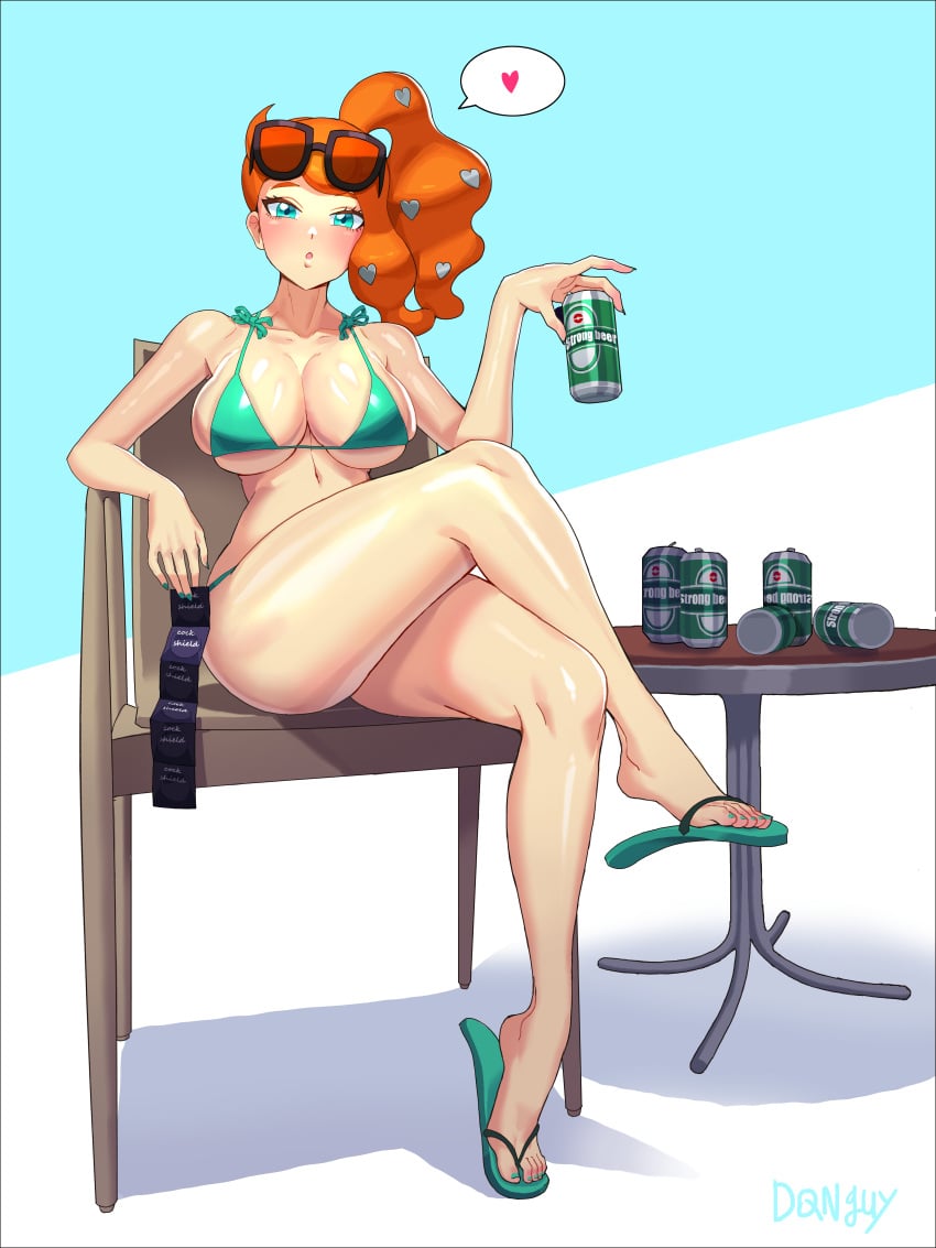 1girls alternate_breast_size beer beer_can big_breasts bikini blush breasts condom condom_packet_strip curvy_figure dqnguy eye_contact feet female flip_flops glasses glasses_on_head huge_breasts large_breasts looking_at_viewer nintendo orange_hair pieguy pokemon pokemon_ss ponytail sandals shiny_skin side_ponytail sonia_(pokemon) spoken_heart thick_thighs thighs