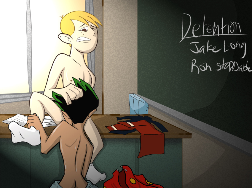 2boys american_dragon:_jake_long cartoonking classroom crossover detention disney fellatio gay human human_only jake_long kim_possible legs_apart male male/male male_only multiple_males naked oral pants_down ron_stoppable sexually_suggestive shirt_removed sitting_on_desk socks_only straight_hair yaoi