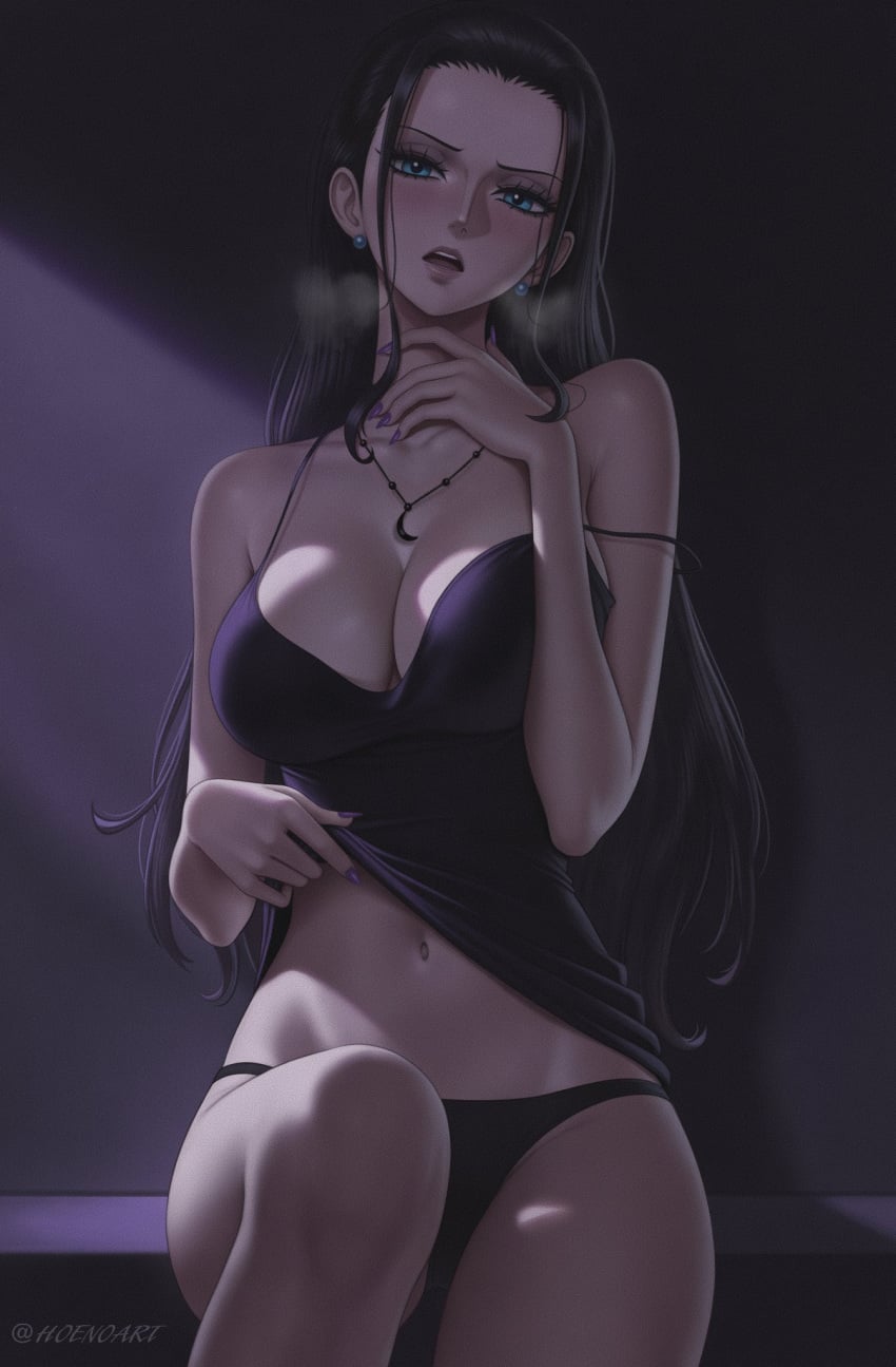 1girl 1girls adorable artist_signature belly belly_button big_breasts black_hair blue_eyes blush collarbone earrings ears eyebrows eyelashes female female_focus female_only hands high_resolution highres hoenoart lifting_shirt long_hair looking_at_viewer makeup mommy nail_polish navel necklace nico_robin no_bra one_piece panties pelvic_curtain purple_nails sexy sexy_body sexy_female sexy_pose shirt shoulders sitting sitting_on_bed steamy_breath straight_hair strap_slip thighs tummy