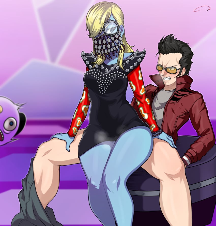 1boy aldharoku ambiguous_penetration blue_skin female no_more_heroes ohma_(no_more_heroes) sitting sitting_on_lap sitting_on_person steaming_body travis_touchdown velvet_chair_girl