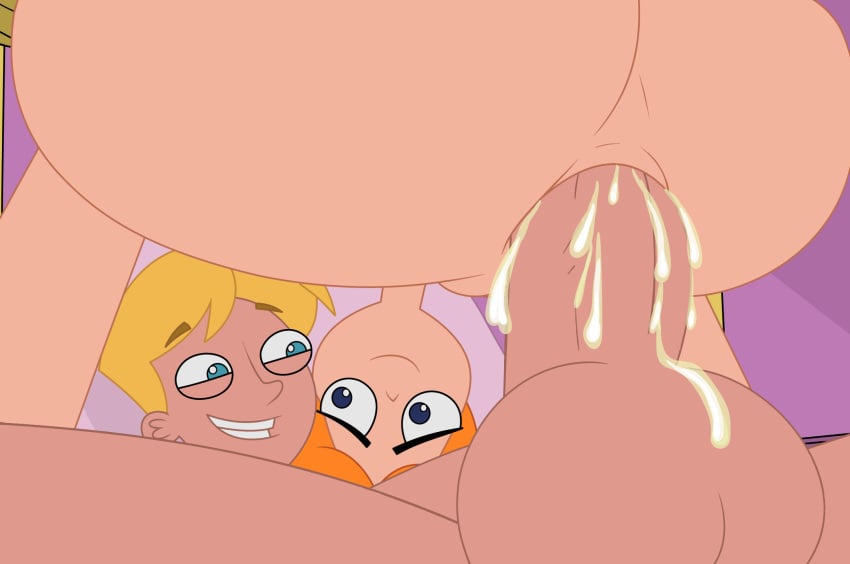 accurate_art_style anal anal_sex ass balls candace_flynn cum cum_drip cum_in_ass cum_inside cum_on_balls cum_on_penis huge_cock jeremy_johnson orange_hair phineas_and_ferb randomrandom smile squatting_on_penis upside-down vulva