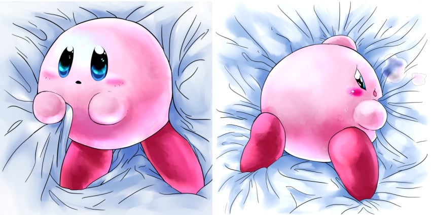 adorable back bed blush cute cute_face dakimakura feet kirby kirby_(series) kitaroking male male_only nintendo pink_body pink_skin red_feet solo solo_male sweat