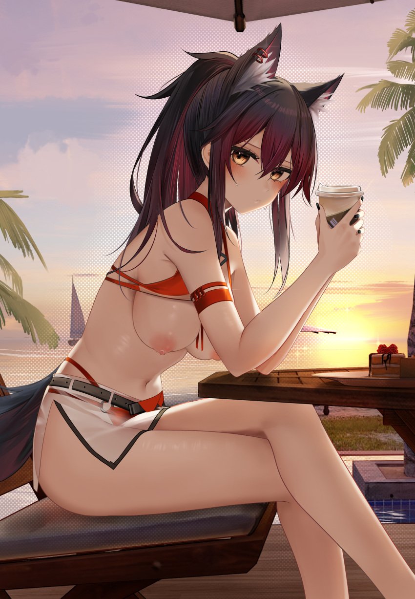 alternative_costume animal_ear_fluff animal_ears arknights arm_strap armband bare_legs bare_shoulders belt bikini black_hair black_nails boat breasts cake cake_slice clothing colored_inner_hair crossed_legs cup disposable_cup earrings evening extra_ears feet_out_of_frame female female food front-tie_bikini front-tie_top gradient_hair gradient_sky halter_top halterneck high_resolution highleg highleg_bikini highleg_swimsuit holding holding_cup horizon jewelry large_breasts large_filesize legs long_hair looking_at_viewer medium_breasts miniskirt multi-strapped_bikini multicolored_hair nail_polish navel nipples orange_eyes outdoors paid_reward palm_tree ponytail red_bikini red_hair red_swimsuit ru_zhai sailboat see-through side_slit sidelocks sitting skindentation skirt sky solo stomach string_bikini sunlight sunset swimsuit tail texas_(arknights) thighs tied_hair tree very_high_resolution watercraft white_skirt wolf_ears wolf_girl wolf_tail wooden_table