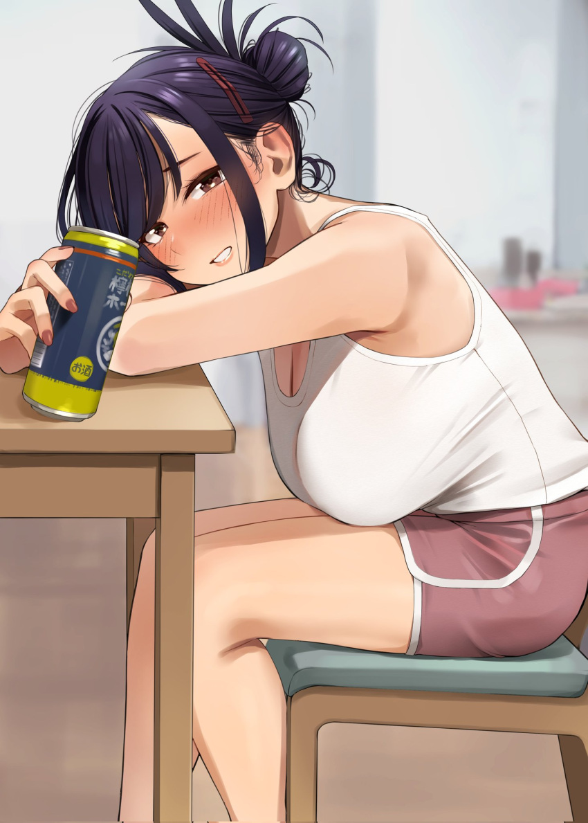 1girls alcohol bangs beer brown_eyes clothed_female drunk elder_cousin_(igarashi_kyouhei) female female_focus hair_bun hairclip highres igarashi_kyouhei indoors large_breasts light-skinned_female light_skin looking_at_viewer nail_polish original original_character purple_hair shorts sidelocks sister sitting