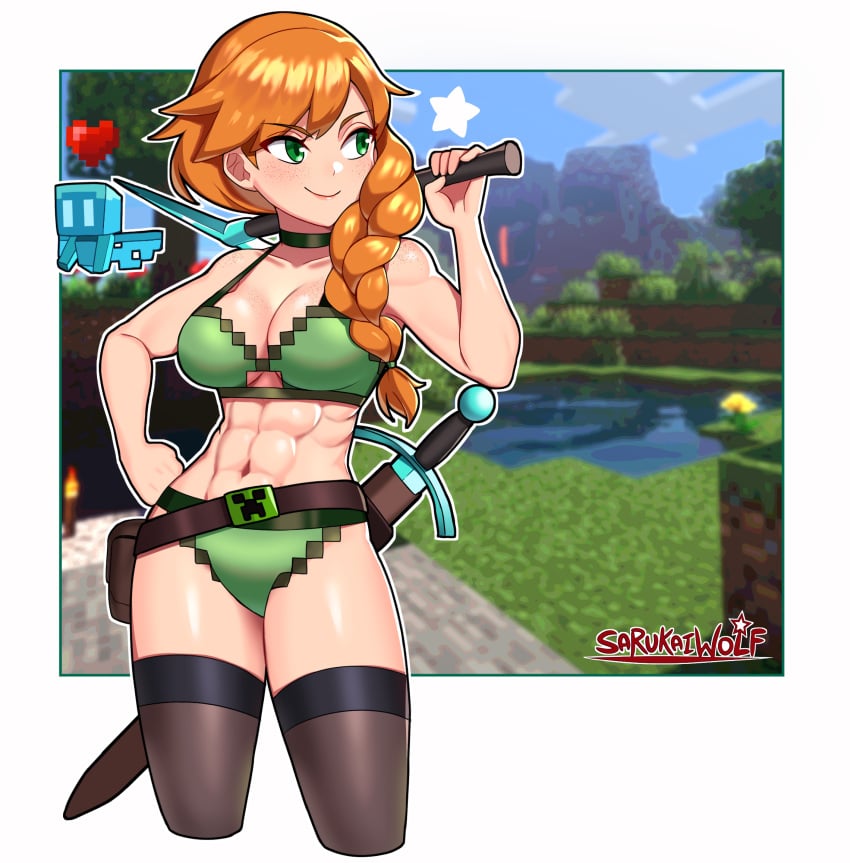 1:1 1girls abs alex_(minecraft) allay_(minecraft) axe bare_shoulders belly belt big_breasts bikini black_thighhighs bra braid braided_hair breasts cartoony casual choker cleavage clothed clothing day detailed_background diamond_pickaxe diamond_sword digital_media_(artwork) eyebrows_visible_through_hair female female_only freckles ginger green_bikini green_bra green_eyes green_panties hair hair_over_shoulder heart hi_res holding holding_object human large_breasts light-skinned_female light_skin long_hair looking_to_the_side minecraft mob_vote mojang muscular muscular_female navel orange_hair outdoors outside pale_skin panties pickaxe pouch red_hair redhead sarukaiwolf scabbard shiny_skin smile solo standing star swimwear sword thighhighs thighs tools watermark weapon