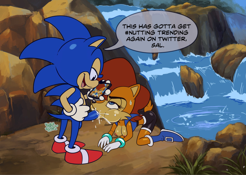 1boy 1girls 2021 all_fours american_sonic anthro anthro_on_anthro anthro_penetrated anthro_penetrating anthro_penetrating_anthro archie_comics blowjob blue_penis bodily_fluids bottomwear breasts cellphone chipmunk classic_sonic clothed clothing cum cum_in_mouth cum_inside cum_splatter detailed_background dialogue duo ema_npr english_text erection eulipotyphlan exposed_torso fellatio female female_penetrated footwear furry furry_female furry_male furry_only genital_fluids genitals gloves ground_squirrel hand_on_hip handwear hedgehog hi_res male male/female male_penetrating male_penetrating_female mammal mohawk mostly_nude nipples oral oral_penetration outside outside_sex penetration penile penile_penetration penis phone recording rodent sally_acorn sciurid sega sex shoes shorts sloppy sloppy_blowjob sonic_(series) sonic_the_hedgehog sonic_the_hedgehog_(archie) sonic_the_hedgehog_(comics) sonic_the_hedgehog_(series) speech_bubble sweat text uhmsprs ultrahyper