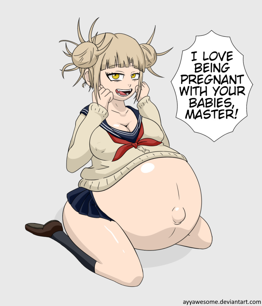 1girls ayyawesome belly_between_legs english_text enjoying_pregnancy female full_body himiko_toga huge_belly hyper_belly hyper_pregnancy linea_nigra my_hero_academia outie_navel pregnant ready_to_pop solo speech_bubble tagme