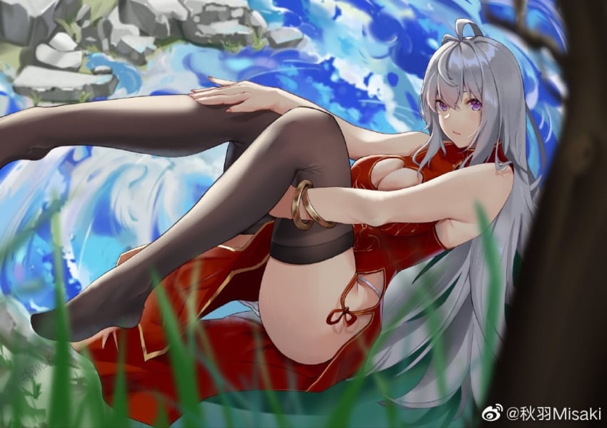 ass bracelet chinese_clothes chinese_dress douluo_dalu douluo_dalu_4 gu_yue_(douluo_dalu) legs long_hair milf panties silver_hair stockings water