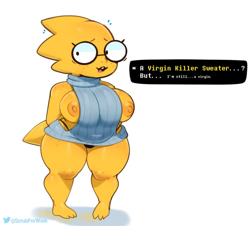 alphys anthro belly big_breasts bodily_fluids breast_slip breasts breasts_out buckteeth clothed clothing curvy_figure dialogue english_text exposed_breasts eyewear female female_only flying_sweatdrops freckles front_view full-length_portrait glasses hi_res huge_thighs lizard looking_aside meme meme_clothing navel_outline nervous nipple_slip nipples non-mammal_breasts non-mammal_nipples open_mouth overweight overweight_anthro overweight_female pigeon_toed portrait reptile scales scalie shortstack skimpy solo somescrub speech_bubble standing sweat sweatdrop sweater teeth text thick_tail thick_thighs thong three-quarter_view topwear undertale undertale_(series) underwear virgin_killer_sweater voluptuous white_background wide_hips yellow_body yellow_scales