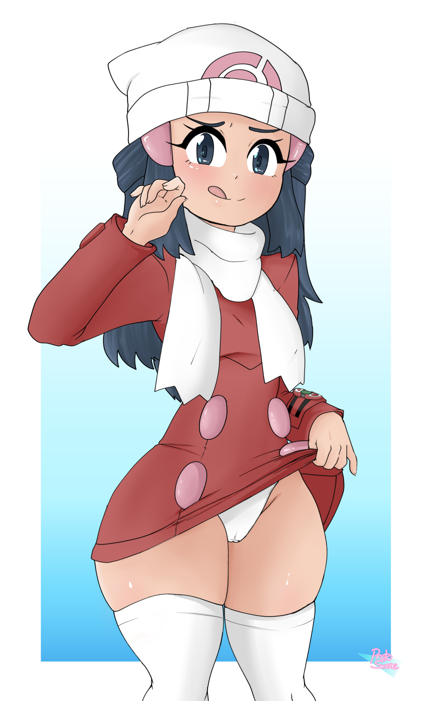 1girls blue_eyes blue_hair dawn_(pokemon) eye_contact female human jpeg long_hair looking_at_viewer nintendo panties pokemon pokemon_dppt pokemon_platinum protoscene solo standing thick_thighs thighhighs thighs wide_hips