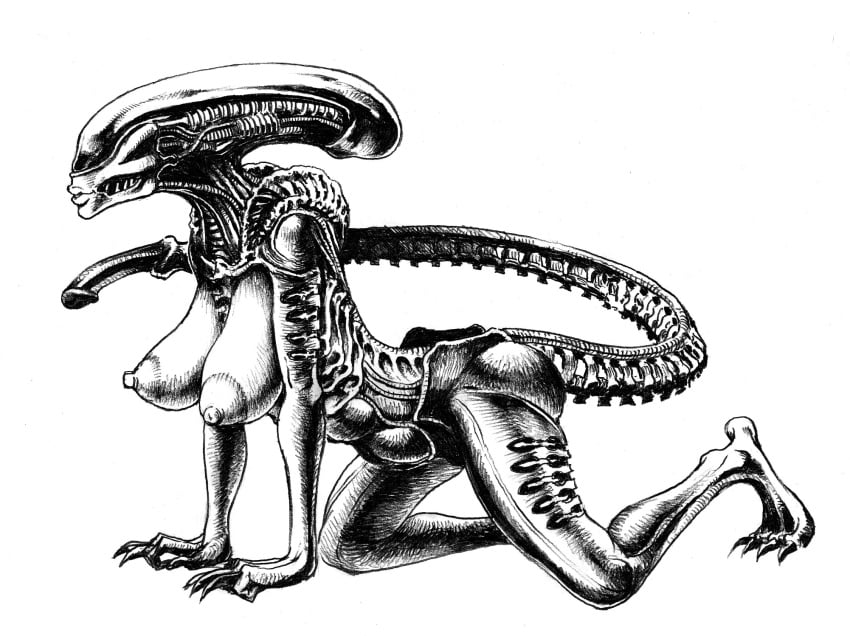 1girls alien alien_(franchise) alien_girl alien_only all_fours bald bare_shoulders big_breasts big_nipples bimbo busty claws cleavage curvy double_deck erect_nipple erect_nipples female female_only female_xenomorph front_view humanoid large_areolae large_breasts long_tail makeup mammal monochrome no_humans on_all_fours pen_(artwork) pose posing pursed_lips simple_background solo tail thick_lips traditional_media_(artwork) voluptuous white_background wide_hips xenomorph