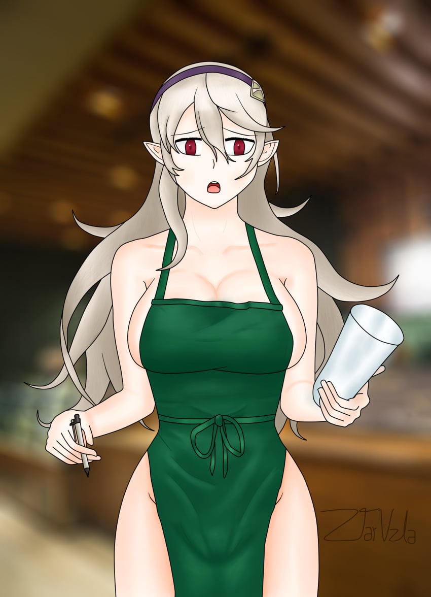 1girls apron bare_thighs breasts cleavage corrin_(fire_emblem) corrin_(fire_emblem)_(female) female fire_emblem fire_emblem_fates holding_cup holding_object holding_pen iced_latte_with_breast_milk large_breasts long_hair meme naked_apron nintendo open_mouth pen pointy_ears red_eyes sideboob solo thighs white_hair ztarvzla