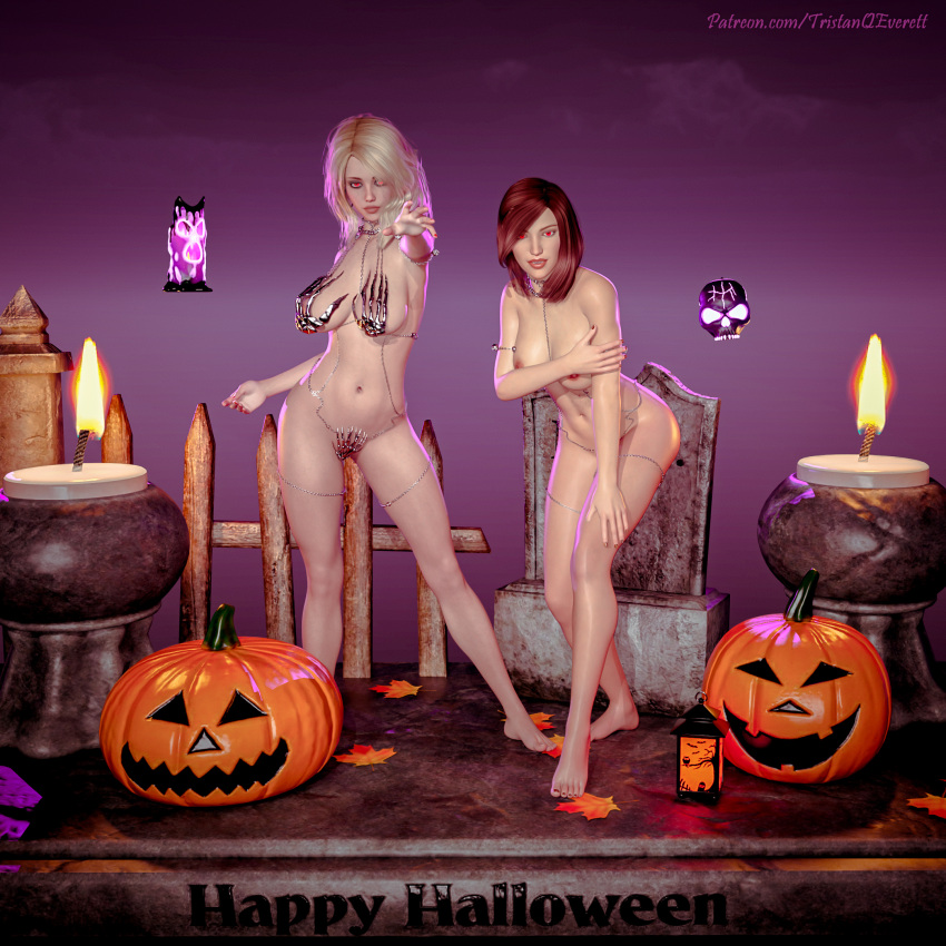 2girls 3d blonde_hair bone_bra chains female female_only functionally_nude halloween large_breasts looking_at_viewer medium_breasts medium_hair nude nude_female pinup red_hair skeleton_bra tagme tristanqeverett