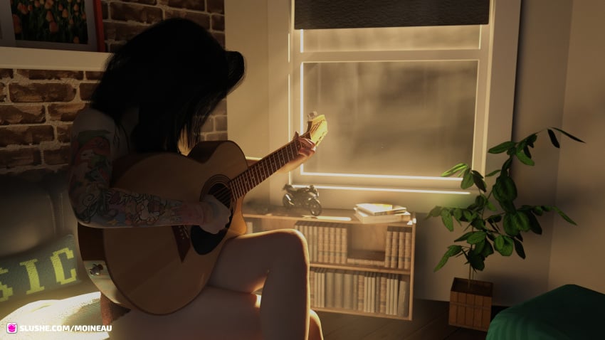 1girls 3d arm_tattoo black_hair bottomless clothed clothing female female female_only guitar lana_(moineau) medium_hair moineau playing_guitar playing_instrument solo solo_female tattoo