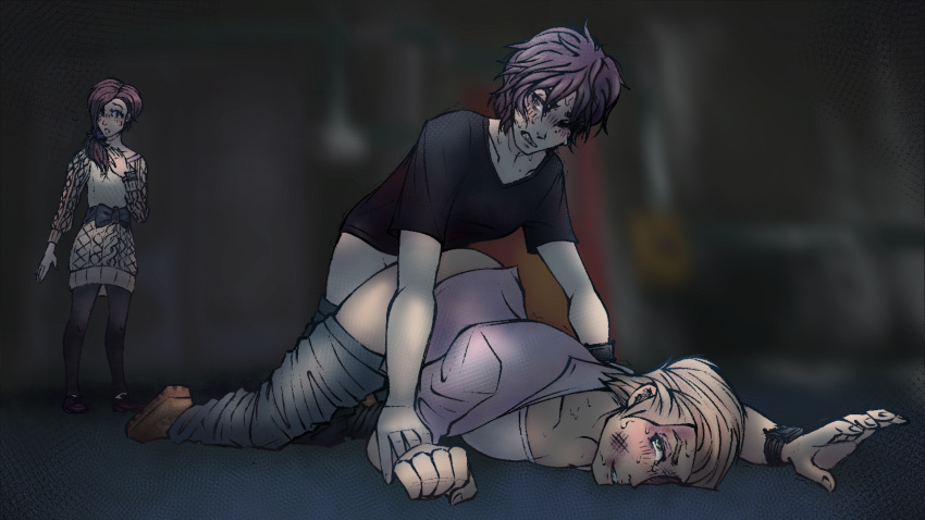 2boys akane_kurashiki anal angry beaten blonde_hair bruise carlos_(zero_escape) caught clothed dark_room dubious_consent escape) female green_eyes gritted_teeth junpei_(zero_escape) junpei_tenmyouji male_on_male nothing_to_censor pants_down purple_eyes purple_hair red_eyes restrained rough_sex sweat zero_escape zero_time_dilemma