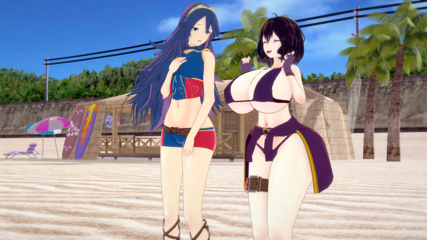 2girls 3d alternate_breast_size alternate_costume bech big_breasts bikini blue_bikini blue_swimsuit breast_envy breast_size_difference daughter_is_bigger female_only fire_emblem fire_emblem_awakening fire_emblem_cipher happy huge_breasts lucina_(fire_emblem) lucina_(summer)_(fire_emblem) mother_and_daughter rhcpftw