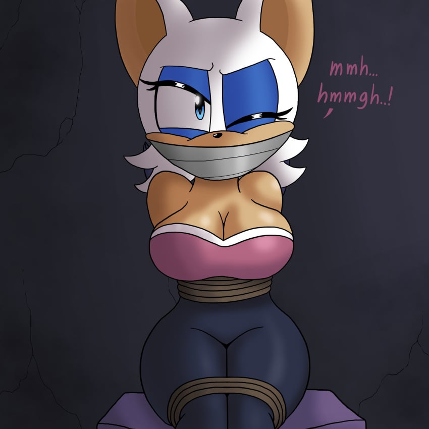 arms_behind_back ass breasts damsel_in_distress eyelashes eyeshadow frefer9 gag gagged gagged_speech rope_bondage rouge_the_bat round_ass sega sonic_(series) struggling tape_gag taped_mouth thick_ass thick_thighs thighs