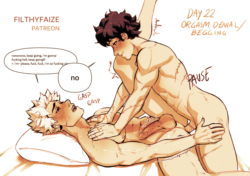 2boys anal anal_sex begging blonde_hair chest_grab completely_nude dialogue english_text filthyfaize gay genitals hand_on_chest hand_on_thigh izuku_midoriya katsuki_bakugou leg_up lying_down lying_on_back male male/male male_only male_penetrated male_penetrating male_penetrating_male my_hero_academia no_underwear nude nude_male on_back orgasm_denial penis penis_in_ass scar scars speech_bubble spiky_hair text thigh_grab yaoi