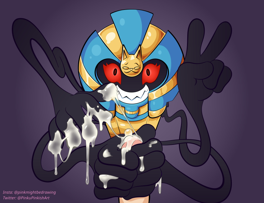 absurd_res bodily_fluids cofagrigus cum cum_on_hand digital_media_(artwork) english_text eyelashes female genital_fluids genitals gesture ghost handjob hi_res multi_arm multi_limb nintendo penile penis pinkupinkish pokémon_(species) pokemon pokemon_focus red_eyes sex sharp_teeth simple_background smile solo spirit teeth text v_sign video_games