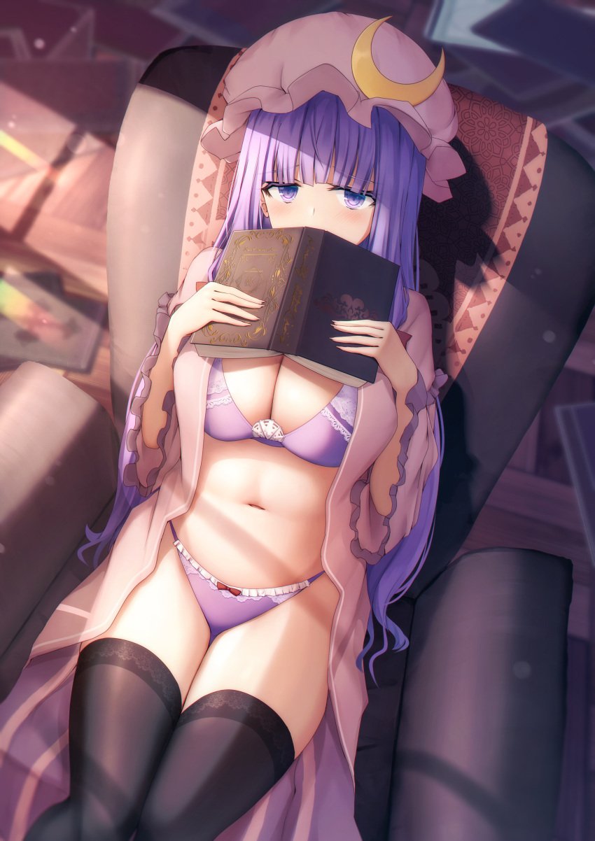 blush bow_panties breasts cleavage covering_face large_breasts lingerie liya long_hair looking_at_viewer navel open_clothes open_dress panties patchouli_knowledge purple_eyes purple_hair purple_panties sitting stockings tagme thighhighs touhou very_long_hair