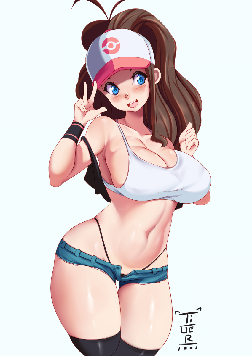 1girls big_breasts blue_eyes blush breasts brown_hair busty curvy_figure daisy_dukes hat hi_res high_resolution highres hilda_(pokemon) long_hair midriff minishorts navel nintendo open_fly pokemon pokemon_bw ponytail revealing_clothes shorts solo standing stockings teenager thick_thighs thong tiger1001 whale_tail white_background wide_hips