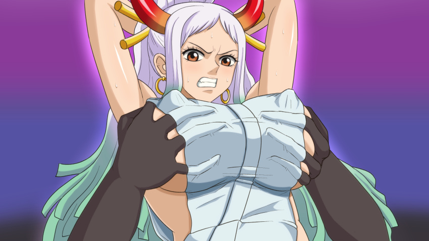 1boy 1girls arms_up big_breasts breast_grab breast_squeeze breasts earrings erect_nipples erect_nipples_under_clothes female groping horns huge_breasts large_breasts long_hair male multicolored_hair nipple_bulge one_piece shounen_jump sideboob sinabi trembling two_tone_hair yamato_(one_piece)