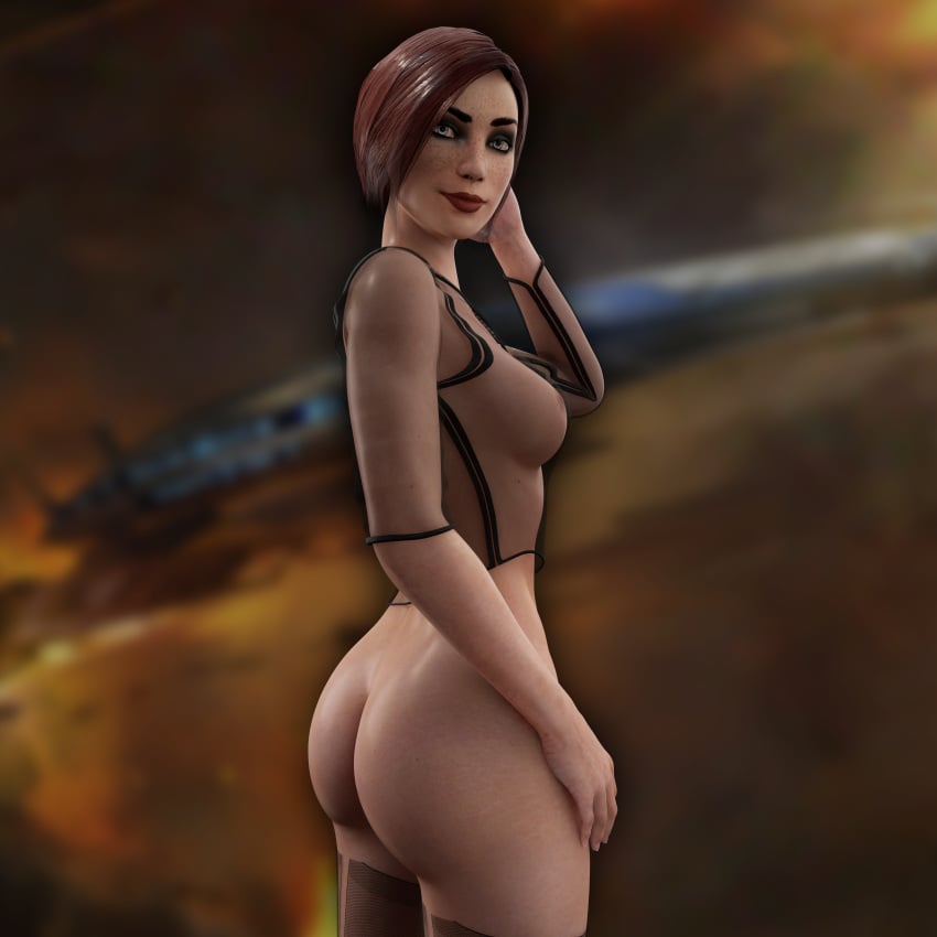 1girls 3d ass commander_shepard female female_only femshep freckles lingerie mass_effect no_panties red_hair sabina_renwa smirk solo stockings