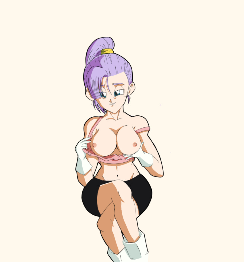 big_breasts black_shorts blue_eyes breasts dragon_ball dragon_ball_multiverse dragon_ball_z pink_bra purple_hair reciodb showing_breasts son_bra top_down topless white_boots