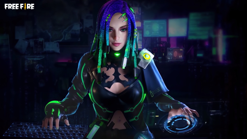 3d black_suit blue_hair breasts free_fire game green_hair green_skin green_suit hacker hd moco_(free_fire) mouth_closed purple_hair