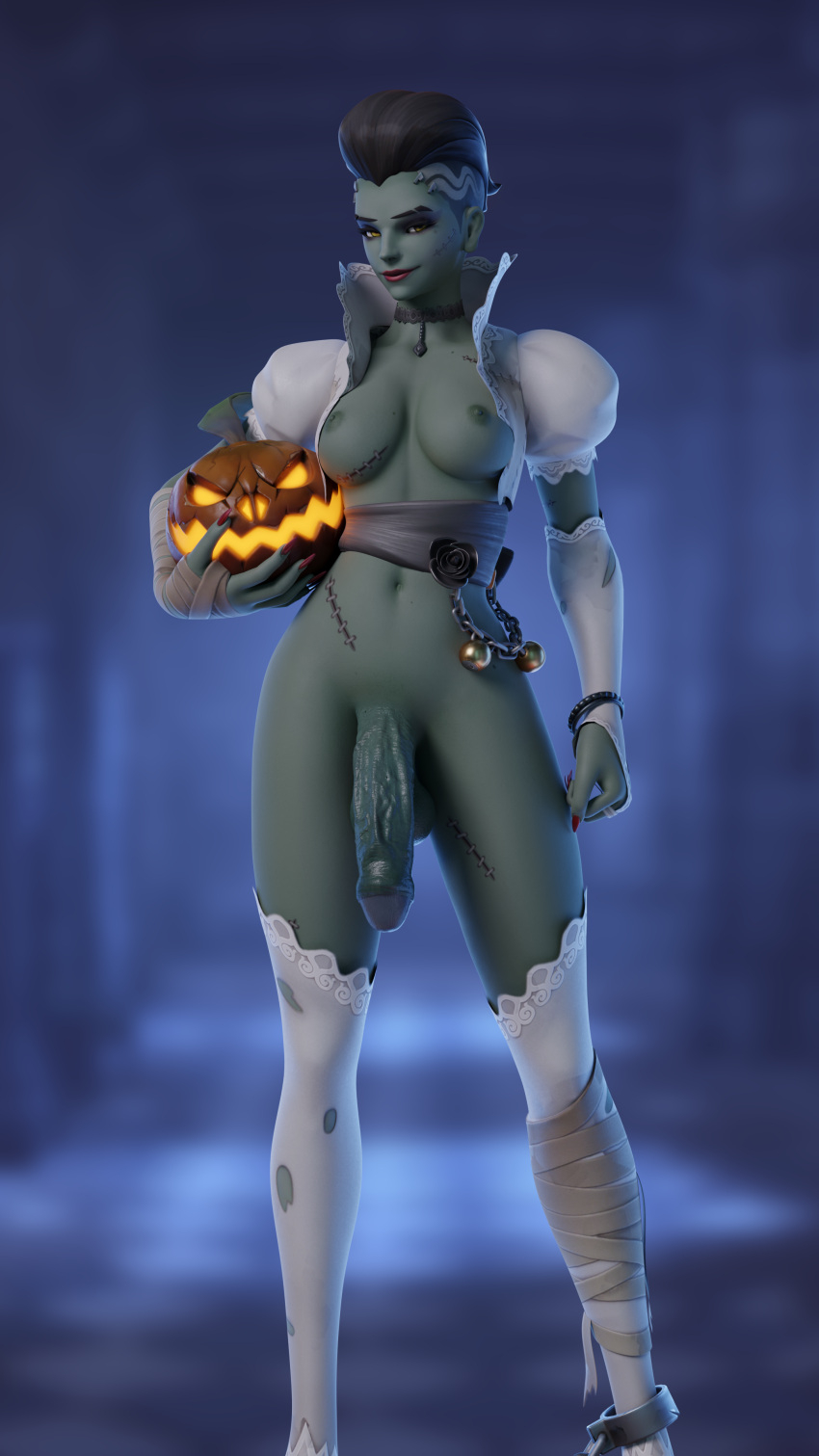 1futa 3d alternate_costume big_penis blender bride_sombra dickgirl futa_only futanari green_skin halloween large_penis looking_at_viewer neonsin overwatch smile smirk solo sombra veiny_penis