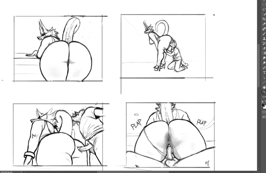 1boy 1girls anthro asshole balls bent_over big_ass big_breasts dubmare female furry jacket jeans male milf monochrome penis plap_(sound) pussy reverse_cowgirl_position sex shirt sligar sligarthetiger sound_effects tagme tail