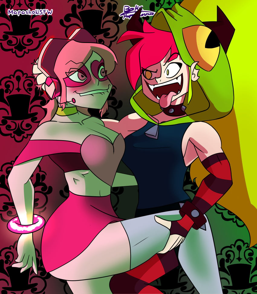 abs big_ass big_breasts cartoon_network couple demencia_(villainous) female_only long_hair mapashonsfw miniskirt miss_heed_(villainous) pink_eyes pink_hair pink_skin pink_skirt punk red_hair short_hair skirt thighhighs villainous white_body white_skin yellow_hair yuri