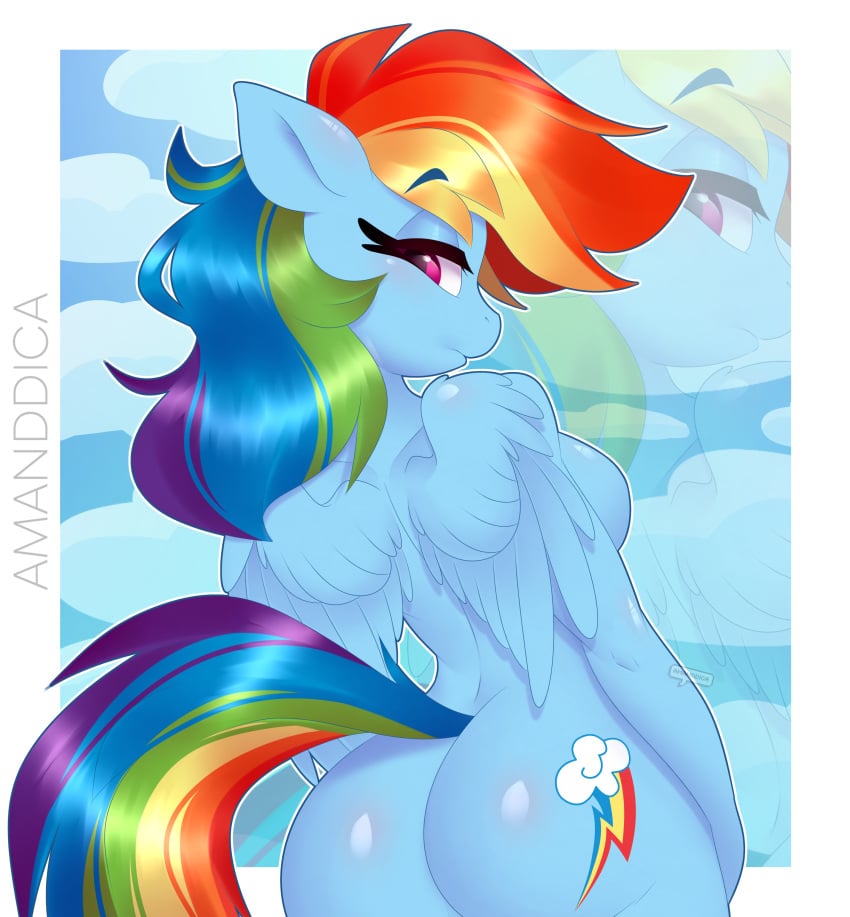 2021 absurd_res amanddica anthro ass bedroom_eyes big_ass big_butt blue_body blue_fur breasts cutie_mark equid equine eyebrow_through_hair eyebrows eyelashes feathered_wings feathers female female_only friendship_is_magic fur glistening glistening_body glistening_butt glistening_hair hair hasbro hi_res looking_at_viewer looking_back looking_back_at_viewer mammal multicolored_hair multicolored_tail my_little_pony narrowed_eyes nude pegasus purple_eyes rainbow_dash_(mlp) rainbow_hair rainbow_tail seductive side_boob solo solo_female straight_hair translucent translucent_hair wings