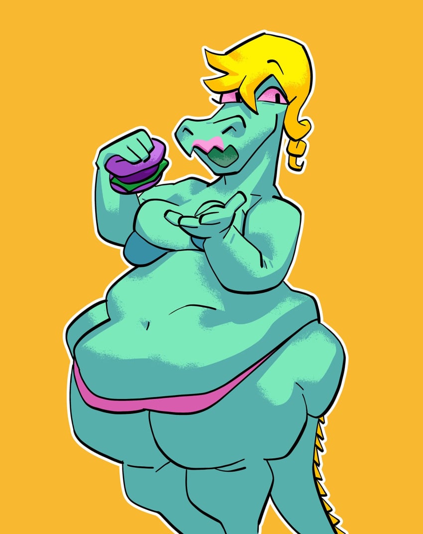 1girls alligator alligatorid anthro ass bbw belly big_ass big_belly big_breasts big_butt blonde_hair bra bratty_(undertale) breasts burger butt cleavage clothed clothing crocodilian curled_hair deep_navel deltarune fat female female_only food front_view glamburger green_body green_scales hair hi_res holding_burger holding_food holding_object huge_hips lipstick looking_aside love_handles makeup navel non-mammal_breasts nondelismell obese obese_anthro obese_female open_mouth overweight overweight_anthro overweight_female panties pink_sclera reptile scales scalie sharp_teeth simple_background skimpy solo spines ssbbw standing tail_spines teeth thick_tail thick_thighs undertale underwear wide_hips yellow_spines