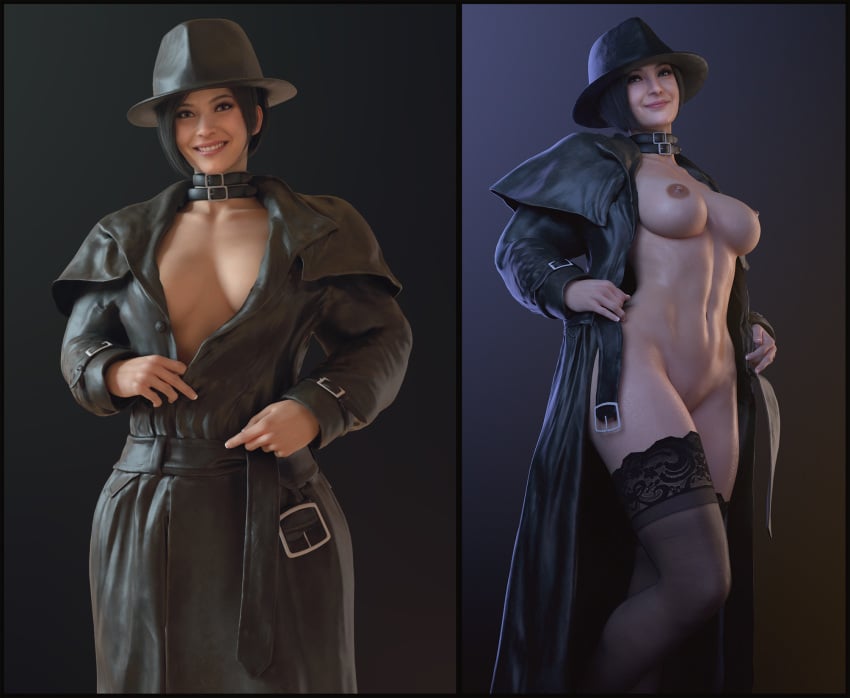 1girls 3d abs ada_wong ada_wong_(adriana) areolae asian asian_female athletic athletic_female batesz big_breasts blender breasts capcom cleavage coat collar cosplay edit exhibitionism fedora female female_focus female_only flashing hat large_breasts looking_at_viewer mr_x navel nipples nude nude_female nude_underneath nudity nylons open_coat resident_evil resident_evil_2 resident_evil_2_remake solo standing stockings