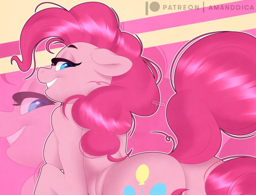 2021 amanddica anthro ass blowup_background blue_eyes breasts cutie_mark ears_down earth_pony equid equine eyebrows eyelashes female female_only feral floppy_ears friendship_is_magic fur hair hasbro hi_res horse looking_at_viewer looking_back looking_back_at_viewer mammal my_little_pony nude pink_body pink_fur pink_hair pink_tail pinkie_pie_(mlp) pivoted_ears pony simple_background smile solo solo_female