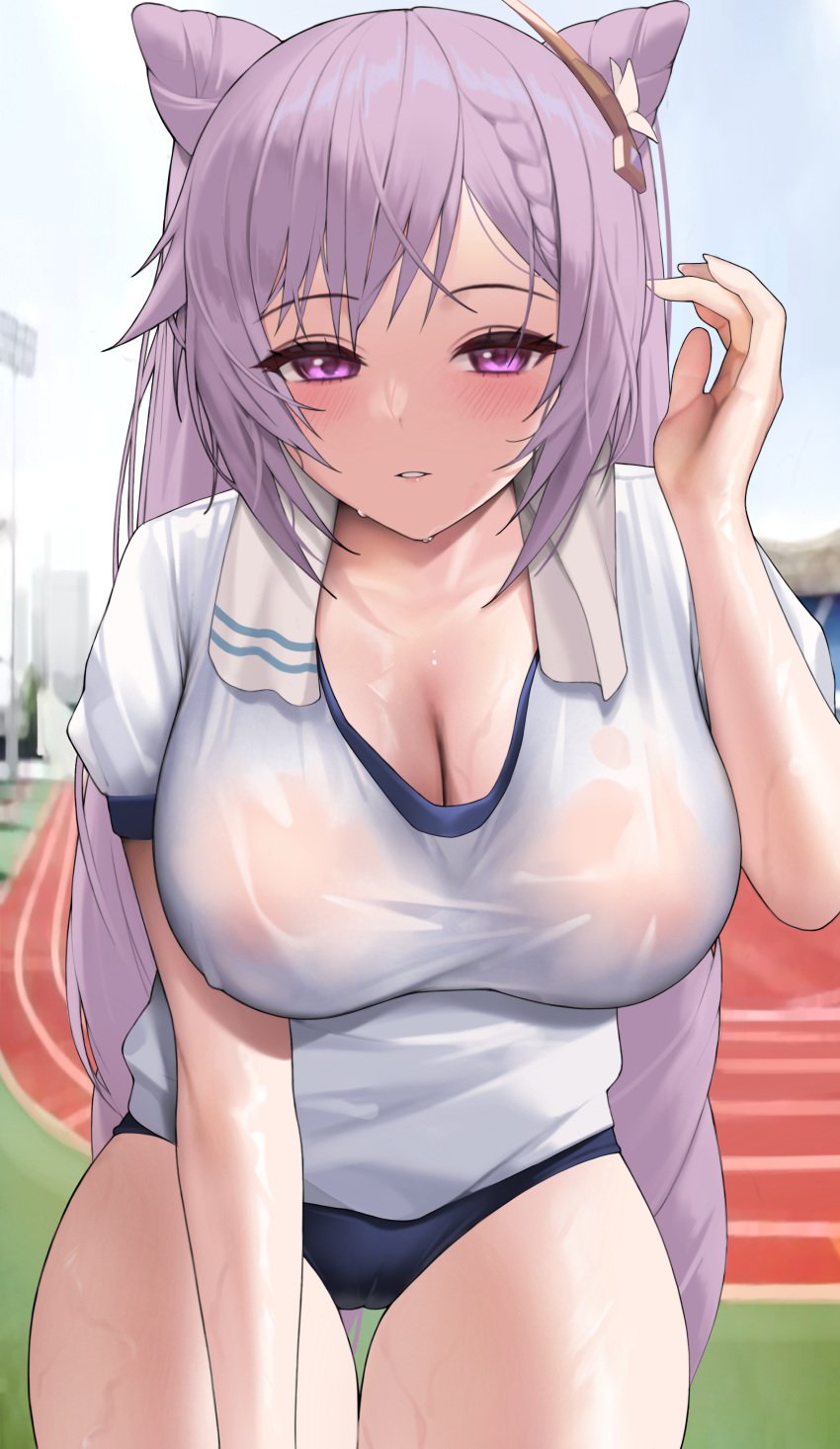 1girls big_breasts blush breasts cameltoe genshin_impact hyouuma keqing_(genshin_impact) purple_eyes purple_hair school_uniform see-through soaked thick_thighs thighs tight_clothing twintails wet wet_clothes white_shirt workout workout_clothes