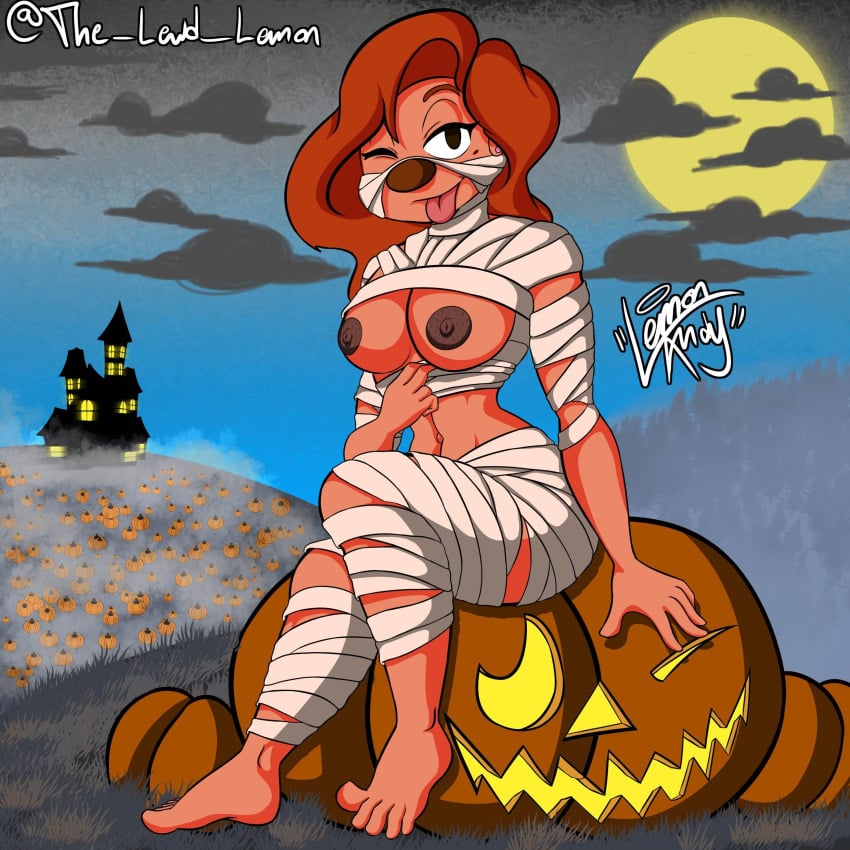 1:1 absurd_res anthro barefoot breasts cel_shading disney exposed_breasts feet female flashing food fruit full_moon goof_troop halloween halloween_costume hi_res holidays jack-o'-lantern lemon_andy looking_at_viewer moon mummy_costume mummy_wrappings nipples one_eye_closed plant playful playful_face pulling_clothing pulling_shirt_down pumpkin roxanne_(goof_troop) shaded simple_background simple_shading sitting solo solo_focus the_lewd_lemon tongue tongue_out wink