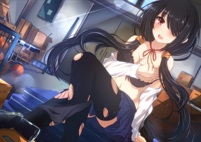 bare_shoulders basketball_(ball) black_bra black_hair black_panties blue_skirt blush boxes bra breasts cleavage date_a_live gym_mat hair_over_one_eye hand_over_breast jianren lingerie long_hair looking_at_viewer open_mouth panties panties_around_leg panties_around_legs panties_down red_eye school_uniform sitting skirt thighhighs tokisaki_kurumi tongue torn_legwear twintails very_long_hair video_camera window