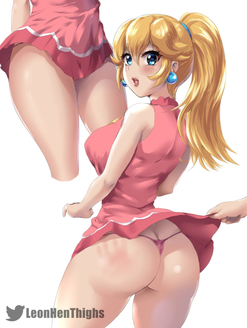 1boy 1girls alternate_breast_size artist_logo ass ass_cleavage big_ass big_breasts blonde_hair blue_eyes blue_ribbon blush breasts butt_crack earrings female large_breasts leonart mario_(series) mario_tennis nintendo pale-skinned_female panties pink_dress pink_panties ponytail princess_peach pulling_up_dress skirt_lift spank_marks thick_thighs thighs thong white_background widescreen