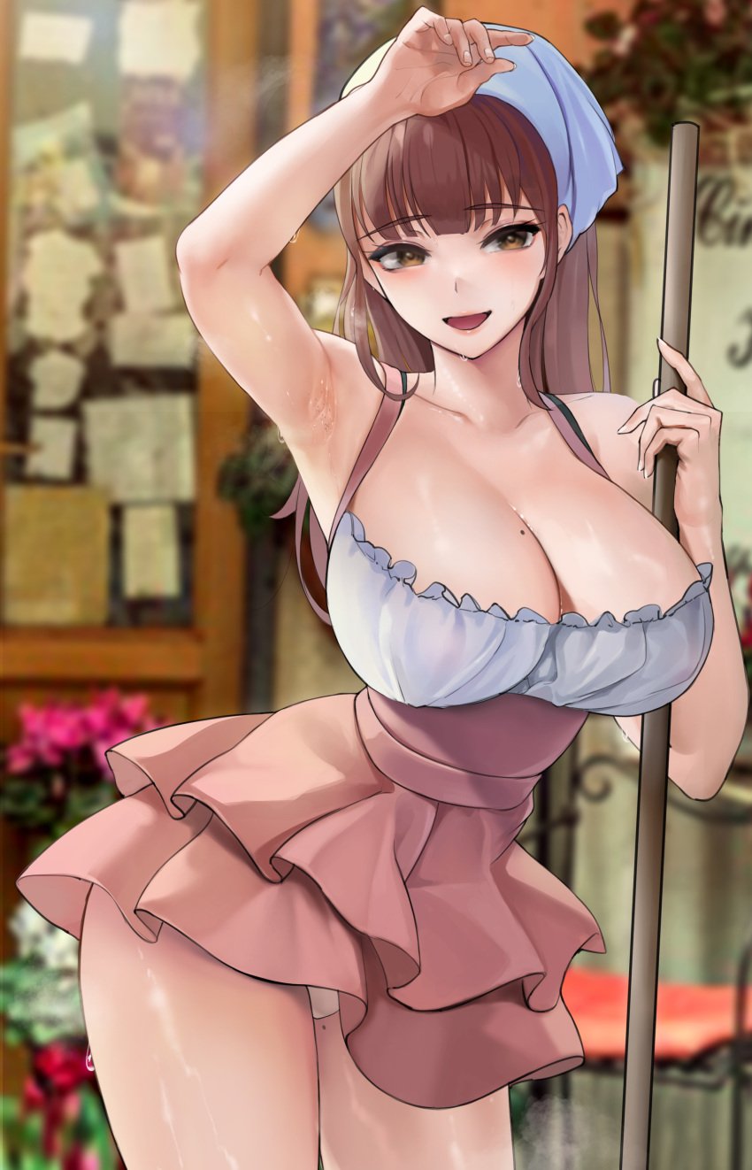 1girls absurdres armpits breasts brown_eyes brown_hair cleavage clothes_lift dress female female_focus female_only frilled_dress frilled_skirt frills highres large_breasts light-skinned_female light_skin mole mole_on_breast mole_on_thigh mute_(mute89539160) original outdoors panties panty_peek shaved_armpit short_dress skirt skirt_lift smile solo sweat thick_thighs thighs towel towel_on_head underwear wiping_sweat