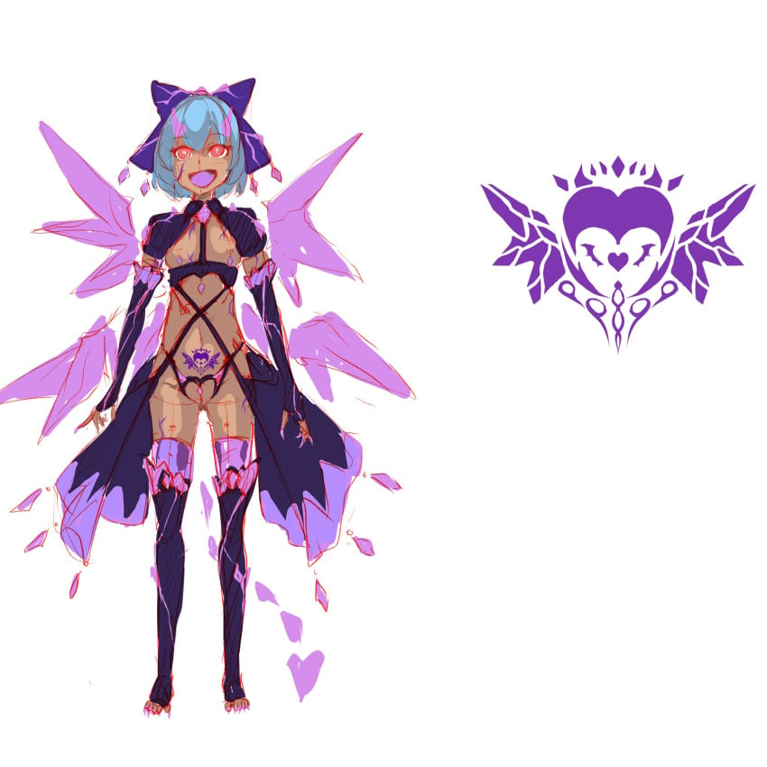 amatou3 bimbo cirno corruption cum_on_body dark-skinned_female dark_persona female flat_chest horns nipple_piercing nipples personality_change pubic_tattoo reference_sheet simple_shading succubus touhou transformation