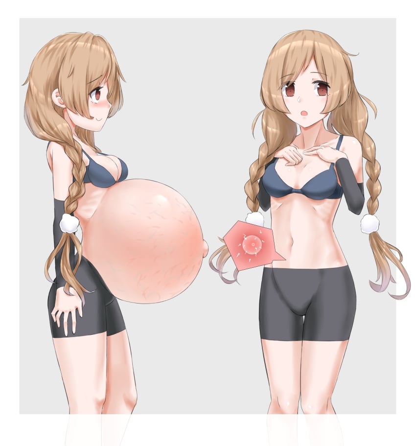 1girls before_and_after before_and_during_pregnancy bike_shorts black_armwear blue_bra bra braided_twintails braids clothing detached_sleeves exposed_belly female female_only garylin huge_belly impregnation kantai_collection legs_together light_brown_hair long_hair minegumo_(kantai_collection) open_mouth outie_navel ovum popped_navel pregnancy_progression pregnant profile ready_to_pop sidebelly small_breasts solo sperm_cell stretch_marks veiny_belly x-ray