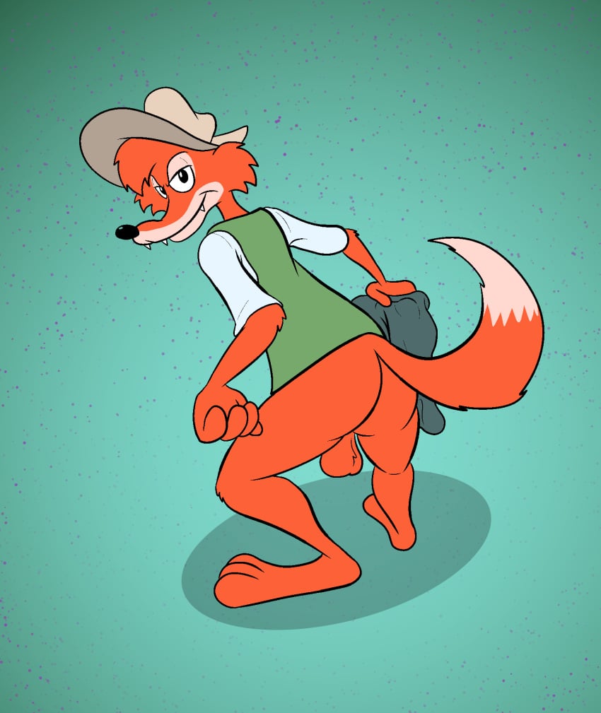 abstract_background anthro ass backsack balls bedroom_eyes bottomless bottomwear br'er_fox canid canine clothed clothing darkajugin disney fangs fox fur genitals hat headgear headwear hi_res holding_bottomwear holding_clothing holding_object holding_pants looking_at_viewer looking_back male male_focus male_only male_solo mammal narrowed_eyes orange_body orange_fur pants presenting presenting_hindquarters seductive solo solo_male song_of_the_south topwear vest