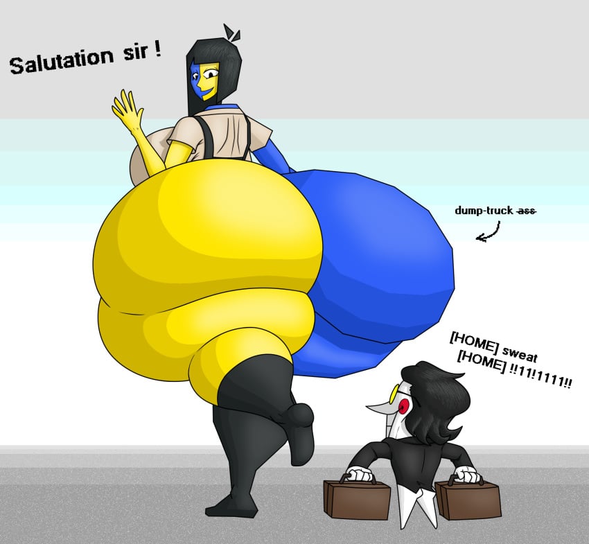 aregularslime ass black_hair blue_skin breast briefcase crossover deltarune deltarune_chapter_2 ena english_text female glasses hyper hyper_ass it's_the_big_shot_himself_spamton_g_spamton joel_g large_ass large_breasts larger_female looking_back looking_down male no_pants puppet sideboob simple_background smaller_male spamton_g_spamton stockings text vest waving waving_hand white_skin yellow_skin