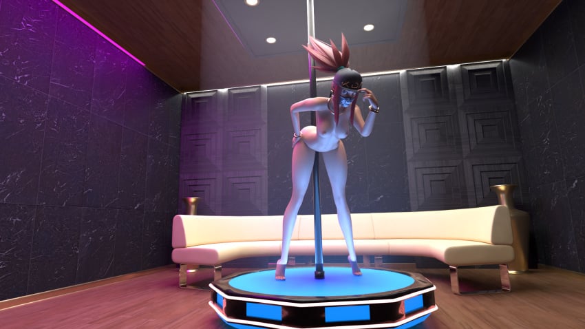 3d 3d_(artwork) akali blender_(software) breasts feet grabbing_own_ass hat k/da_akali k/da_series league_of_legends lighting naked nude nude_female nudity pole pole_dancing private_room render sterbethtrap toes