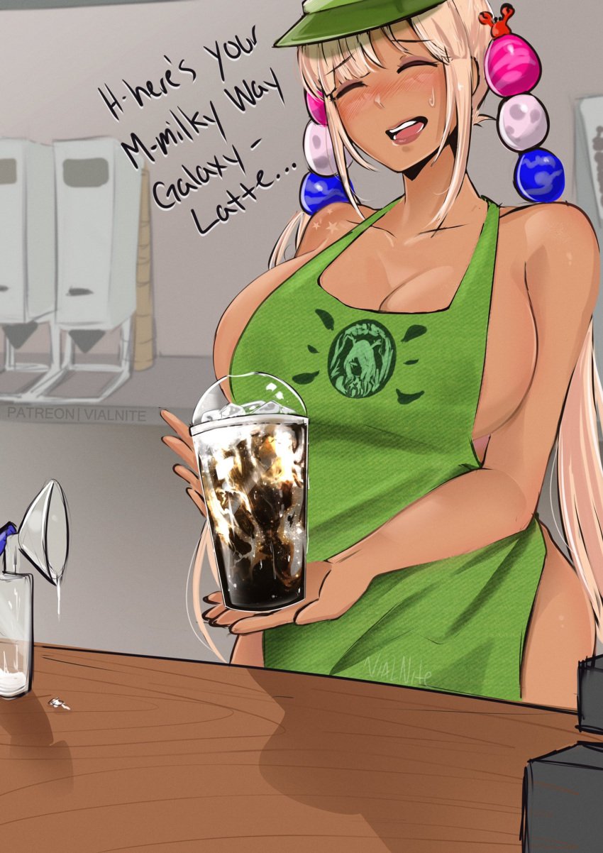 1girls apron apron_only aroused blonde_hair blush breast_pump closed_eyes coffee dark-skinned_female dialogue english_text female female_focus female_only hololive hololive_english hololive_english_-council- huge_breasts iced_latte_with_breast_milk lactating lactation meme milk milk_stain milking_machine naked_apron solo solo_focus stained_clothes stuttering sweat tanned tanned_skin tsukumo_sana twintails vialnite virtual_youtuber wide_hips