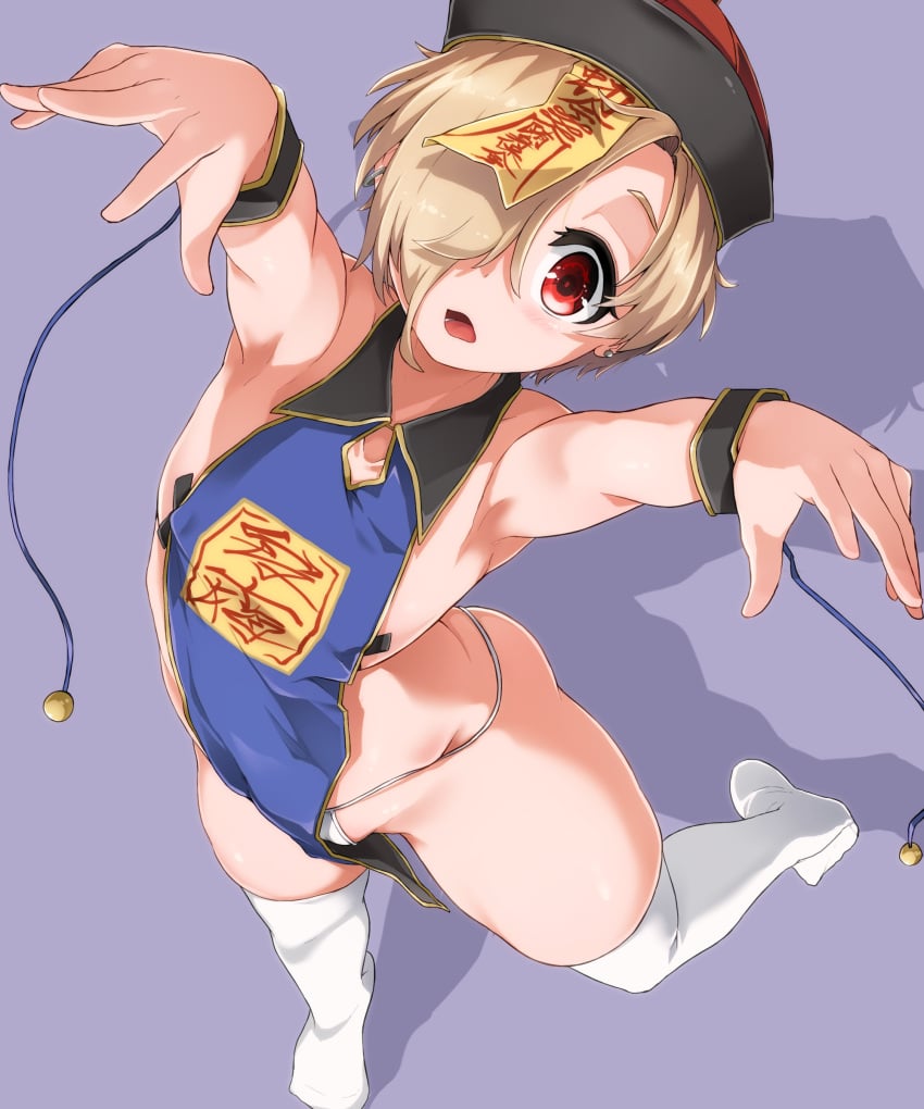 1girls aki_(sangetusei) blonde_hair blush ear_piercing hair_over_one_eye hat highres idolmaster idolmaster_cinderella_girls jiangshi naked_tabard ofuda open_mouth outstretched_arms panties pasties piercing qing_guanmao red_eyes shiny shiny_hair shiny_skin shirasaka_koume short_hair solo standing string_panties tabard thighhighs underwear white_legwear white_panties x_pasties zombie_pose