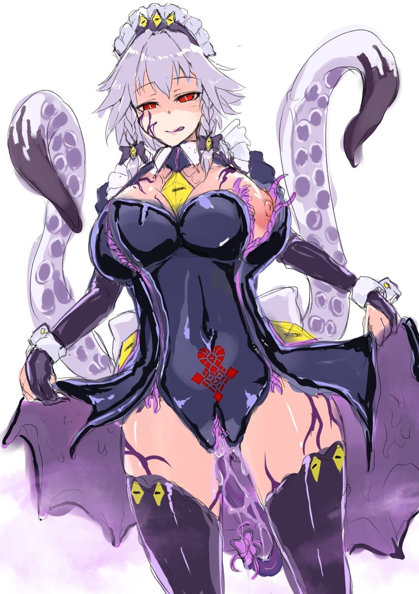 amatou3 bimbo corruption dark_persona female huge_breasts nipples post_transformation ripped_clothing sakuya_izayoi tentacle tentacle_clothes tentacle_grab tentacle_monster thick_thighs touhou transformation wide_hips